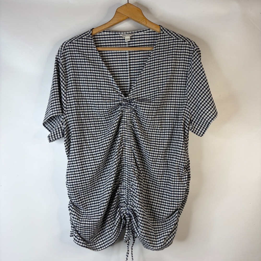 Cato Blouse Women 22/24W Navy Gingham Ruched Cinch V-Neck Short Sleeve Top